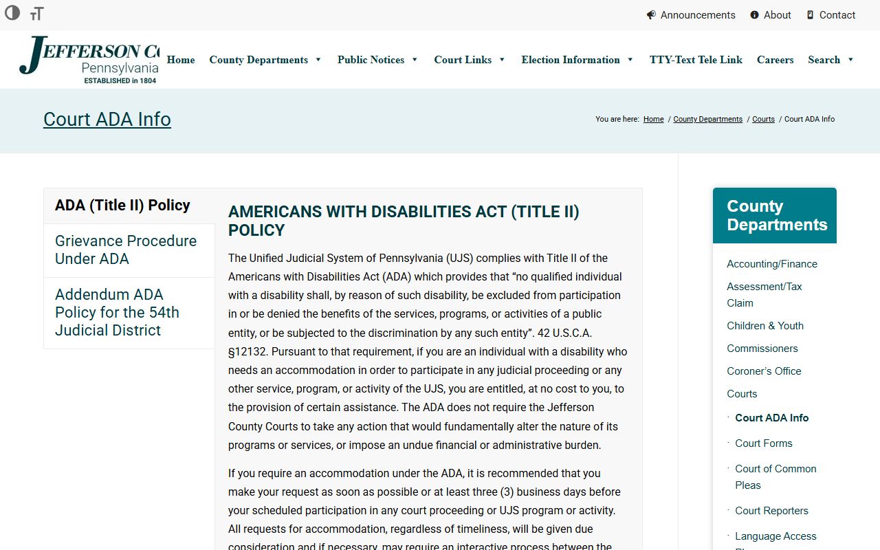 Jefferson County Prothonotary records court ADA information