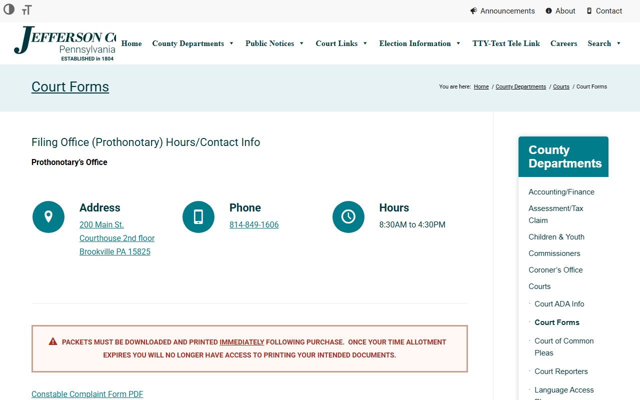 Jefferson County court dockets county court forms page
