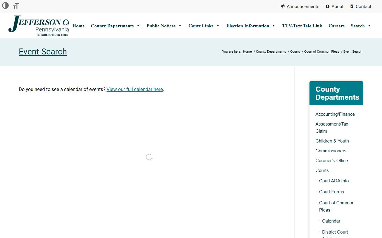 Jefferson County court dockets event search page
