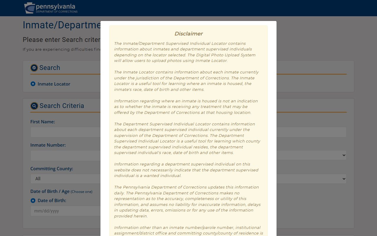 Jefferson County inmate records Pennsylvania DOC locator search page