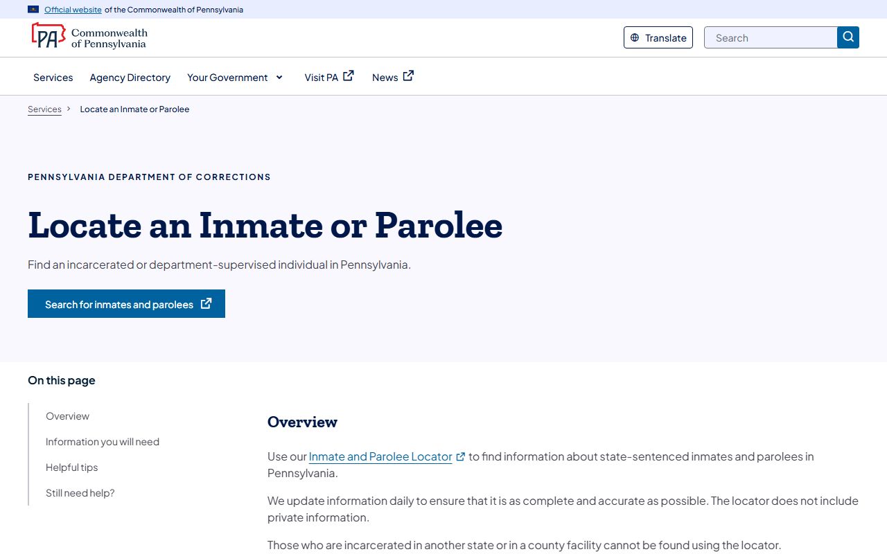 Jefferson County inmate records Pennsylvania locator service page