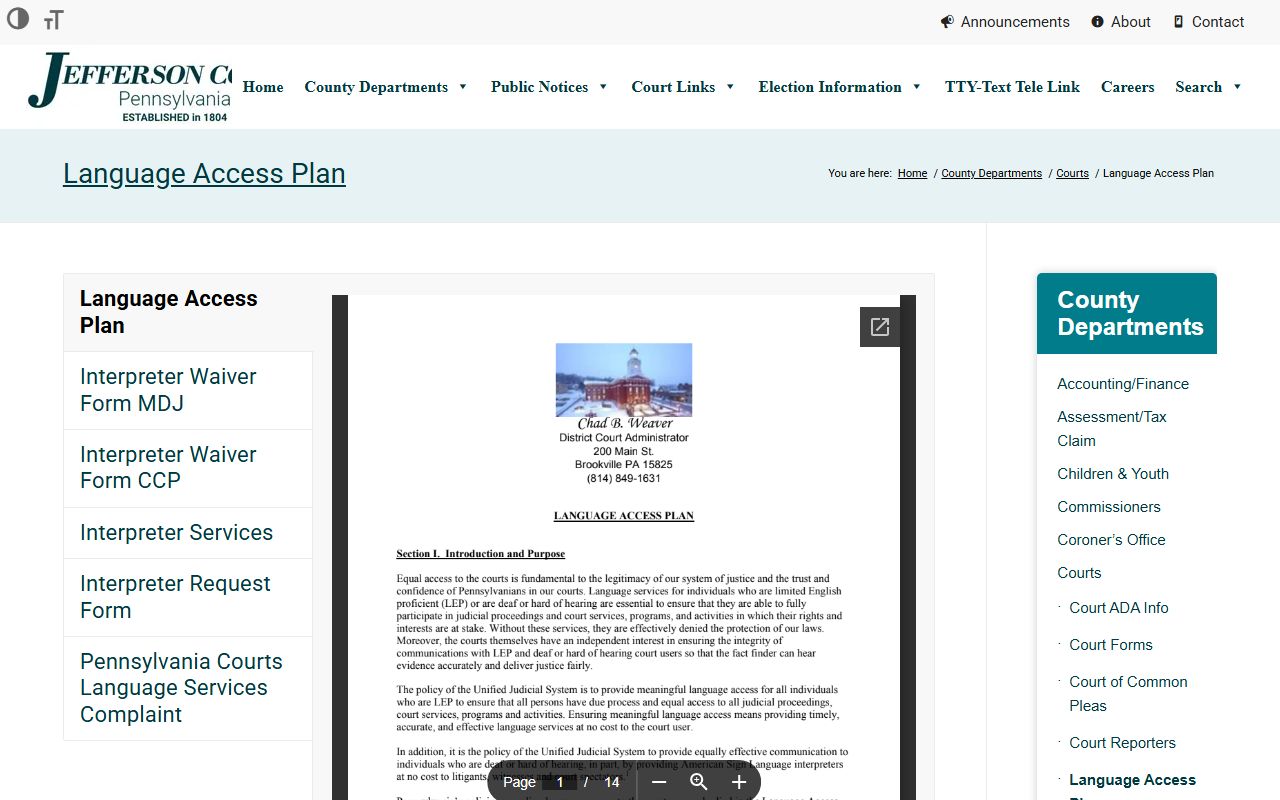 Jefferson County marriage and divorce records court language access page