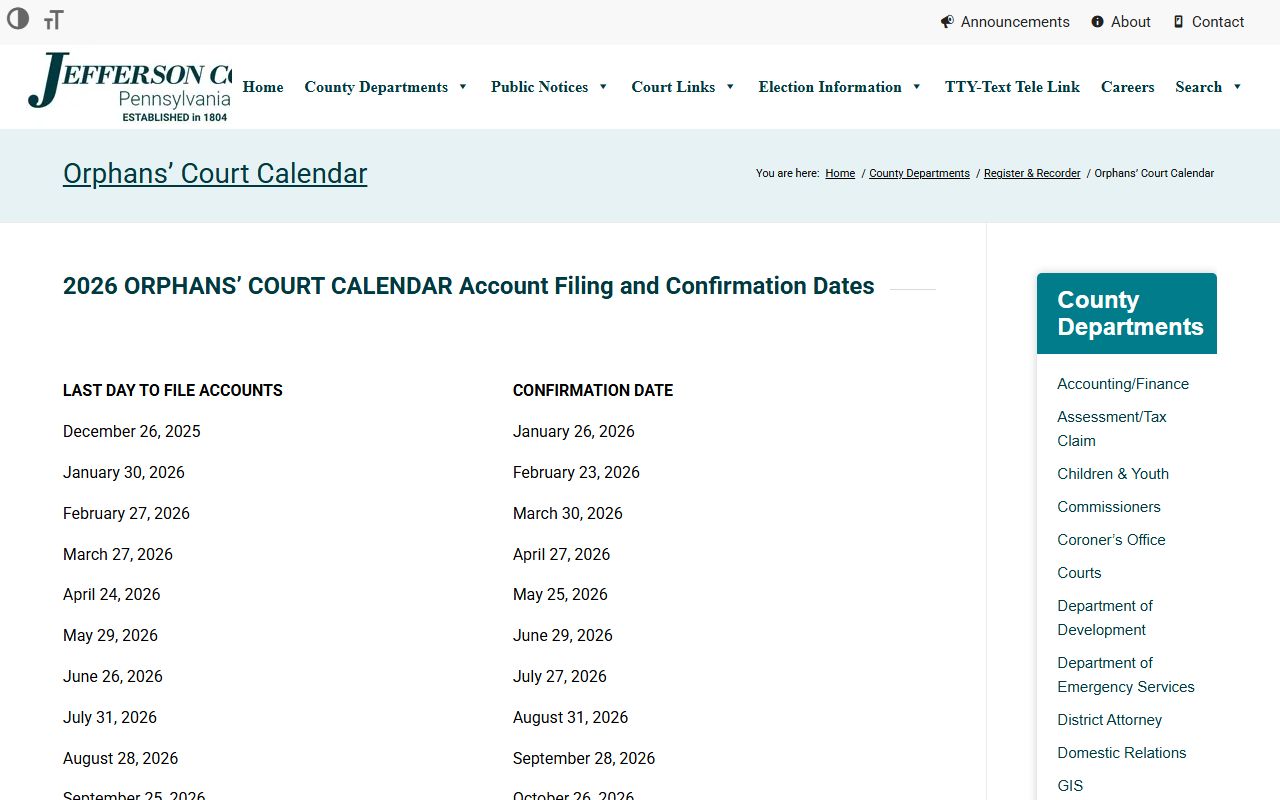 Jefferson County Orphans' Court records account filing calendar