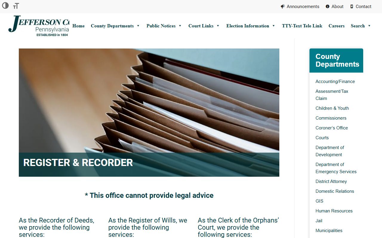 Jefferson County Orphans' Court records Register and Recorder page