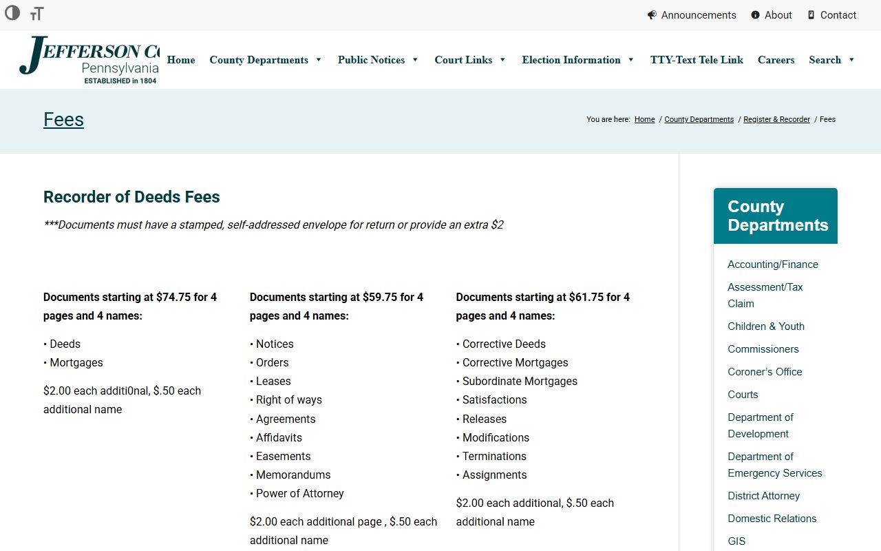 Jefferson County Orphans' Court records fee schedule page